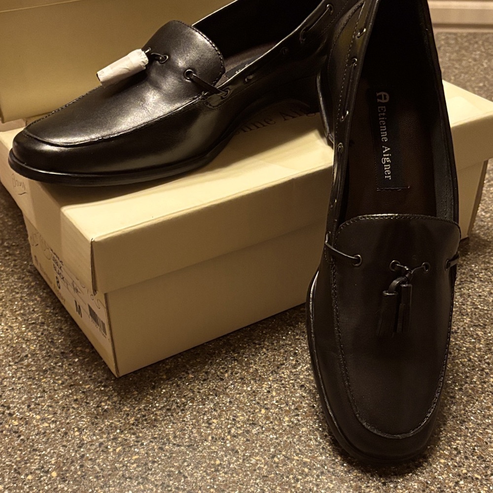 Etienne Aigner Black Leather Loafers with Tassels